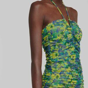 Ganni Green Floral-Print Ruched Halter Neck Top